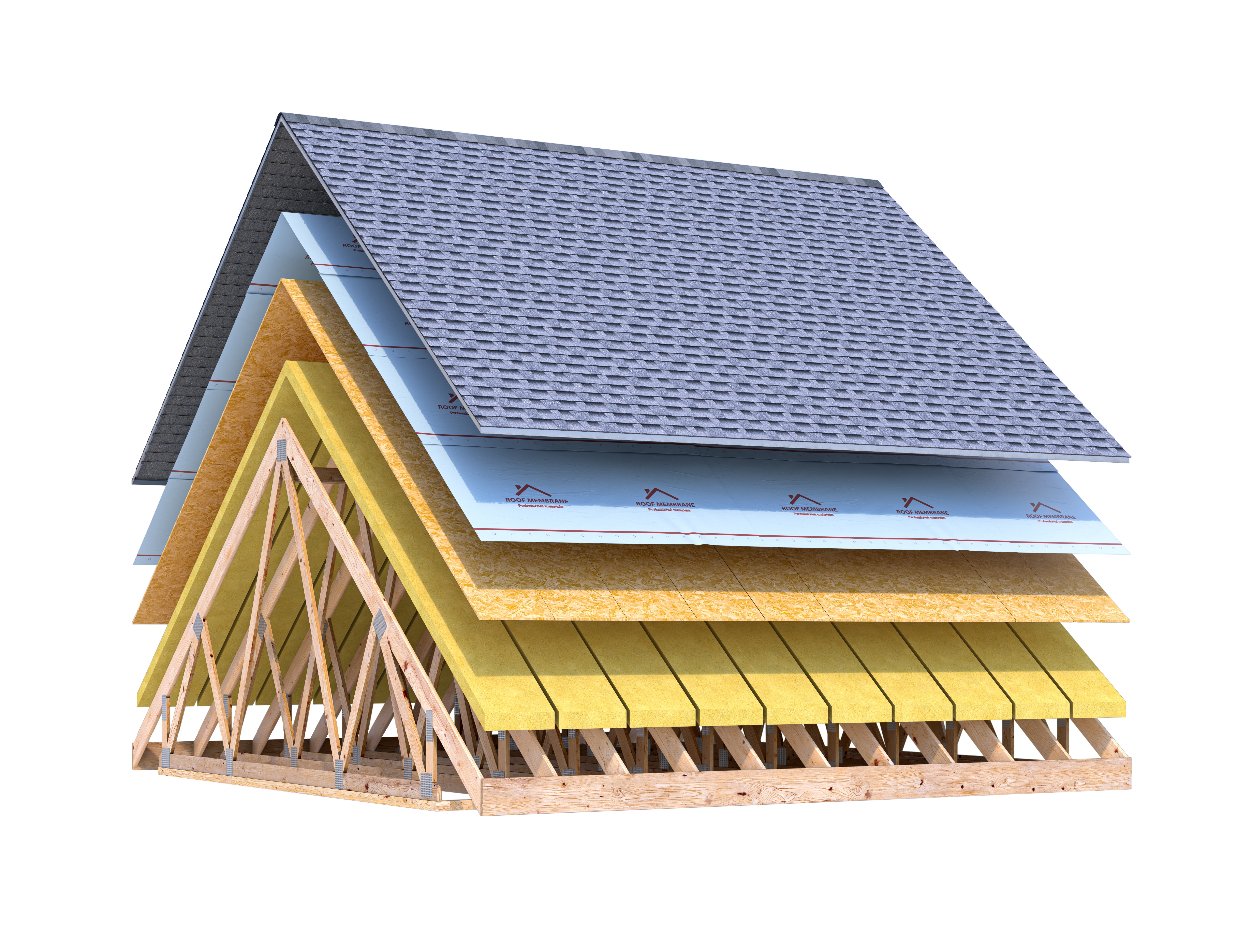 Cutaway showing the layers of a roof system: decking, underlayment, shingles