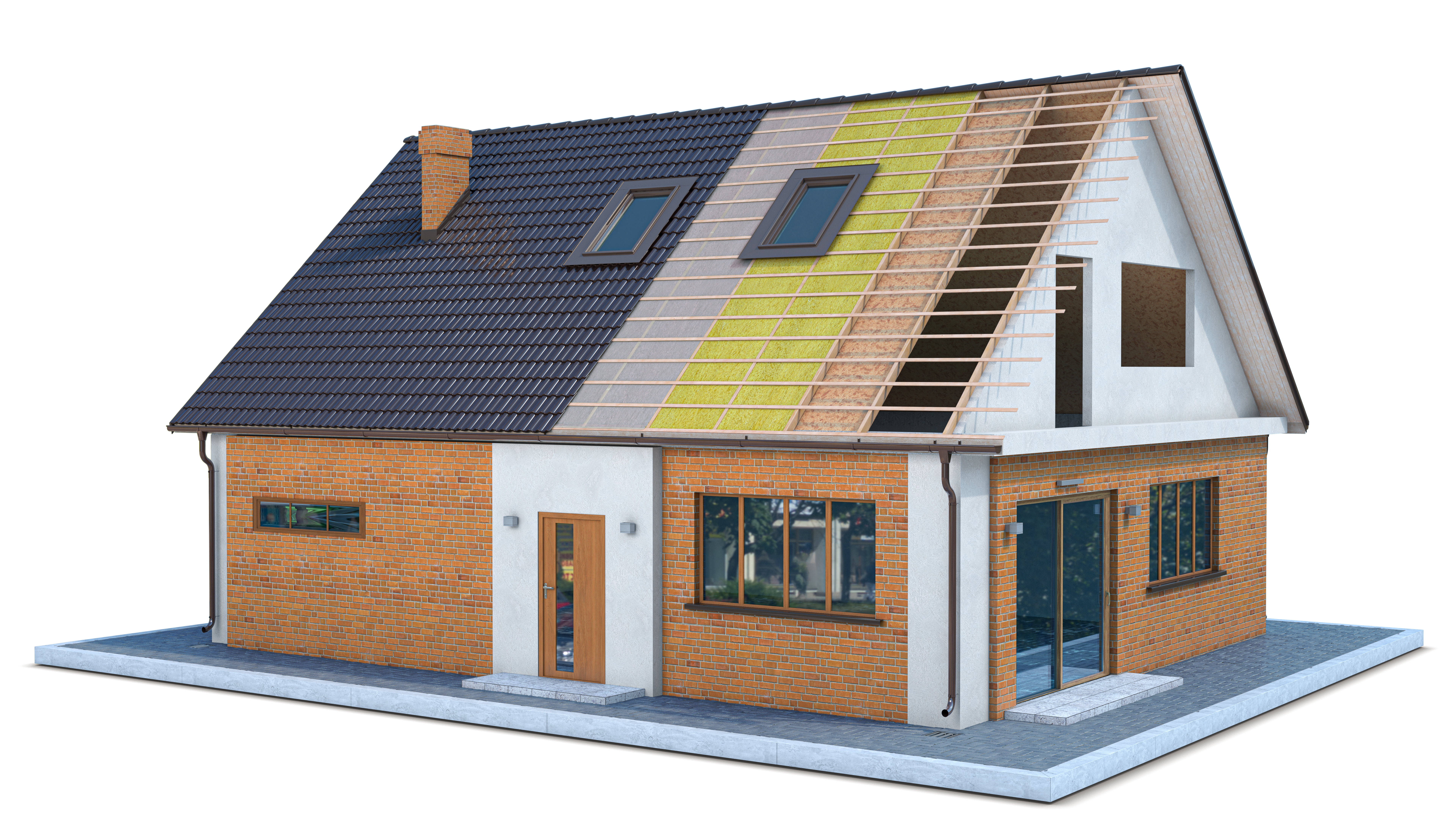 Cutaway of attic insulation and roof layers — where an energy-efficient roof blocks heat from reaching the home